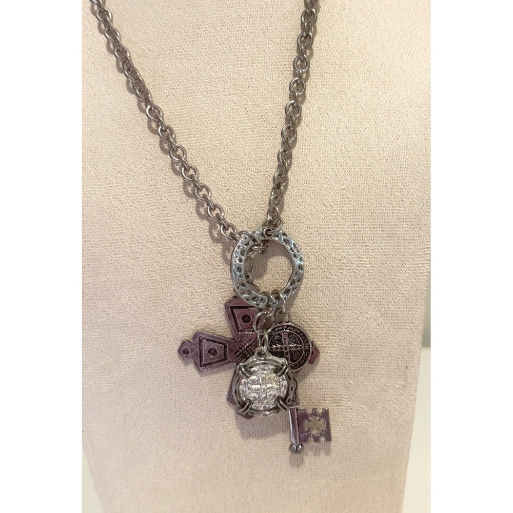 West & Co Chunky Silver Tone Cross Key Medallion Charm Necklace 27 Inch